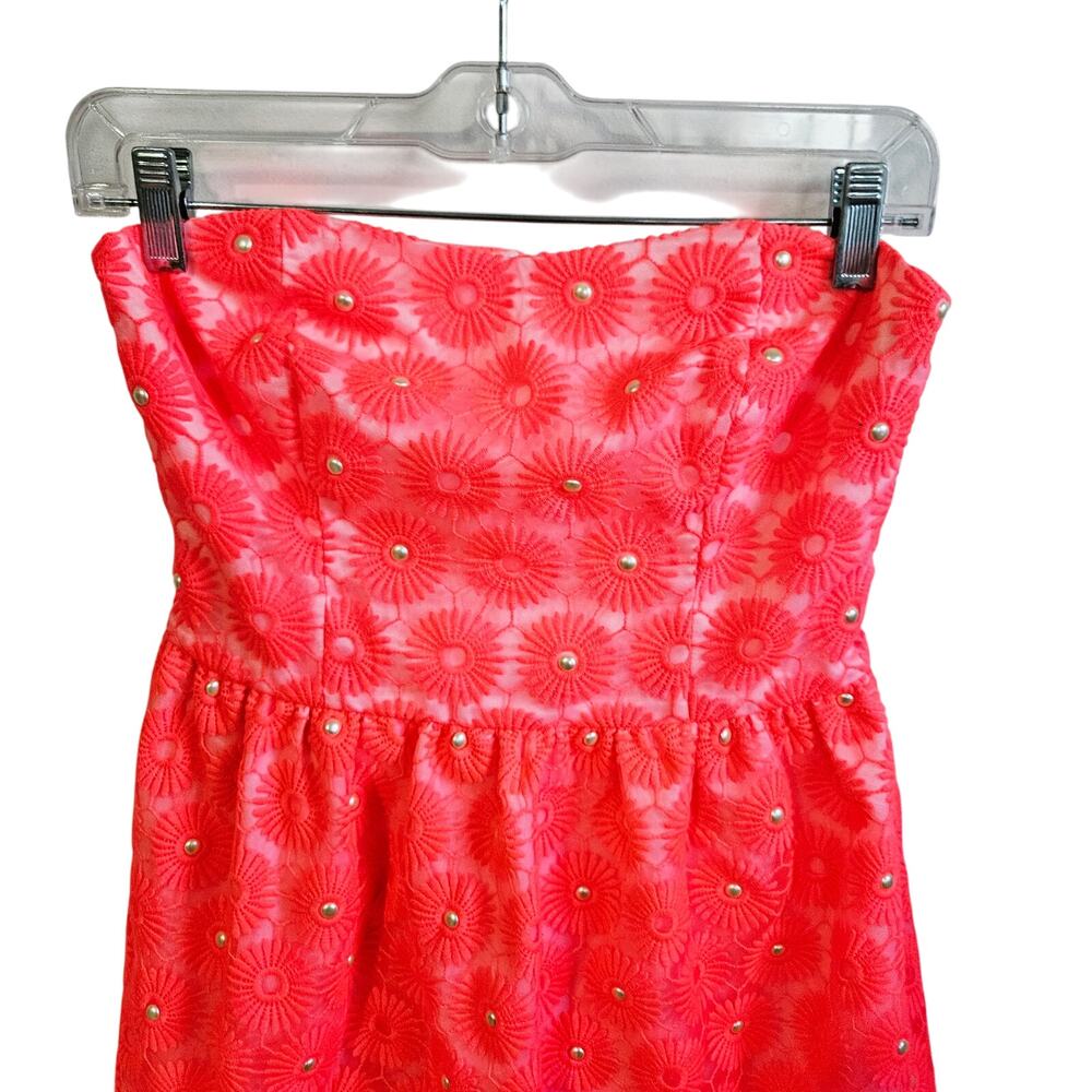 Lilly Pulitzer Size 4 Strapless Mini Dress Coral Red Embroidered Pinwheel Floral - Picture 2 of 5